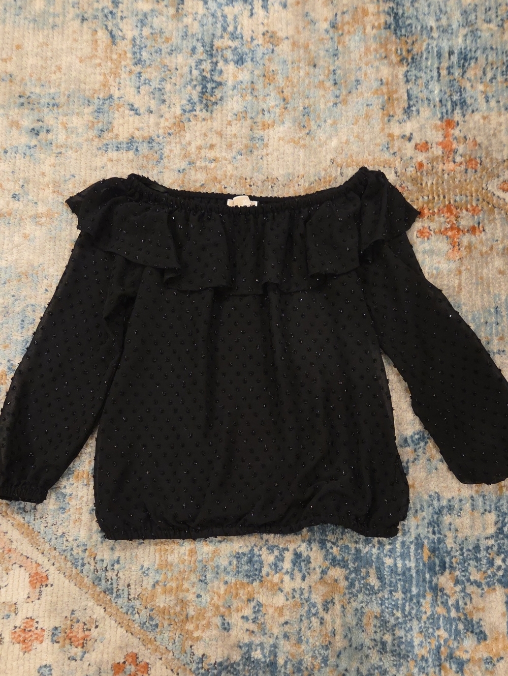 Michael Kors Women’s Black Off-Shoulder Ruffle Top With Shiny Thread Dot Details